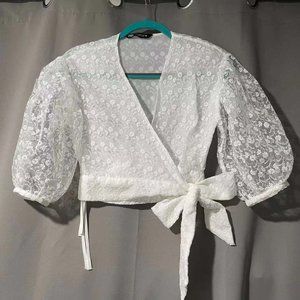 Zara White Organza Top With Floral Embroidery Wrap